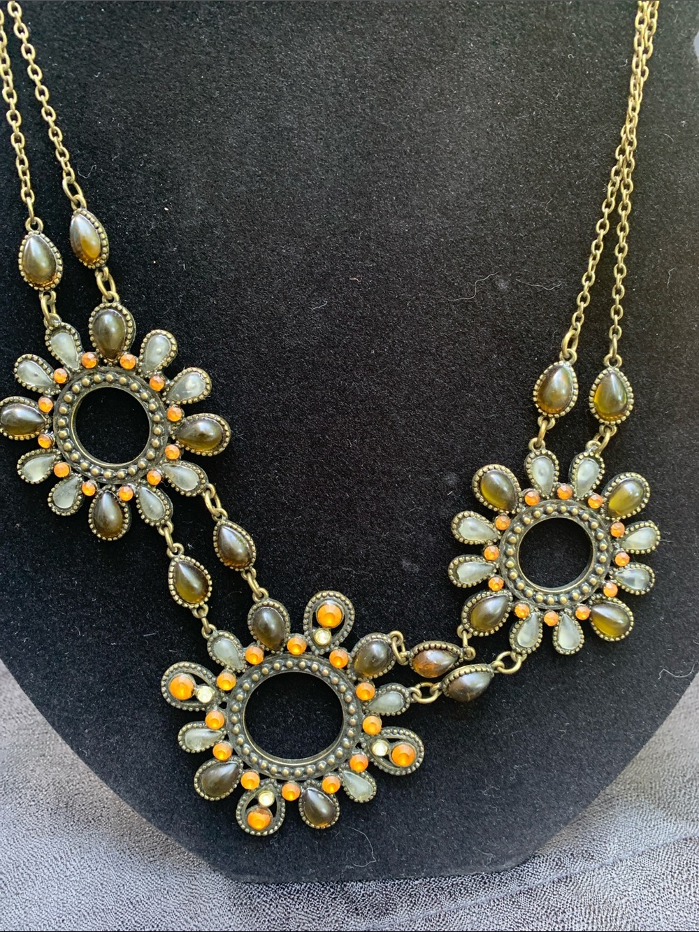 Statement Floral Circle Necklace in Olive Green and Orange